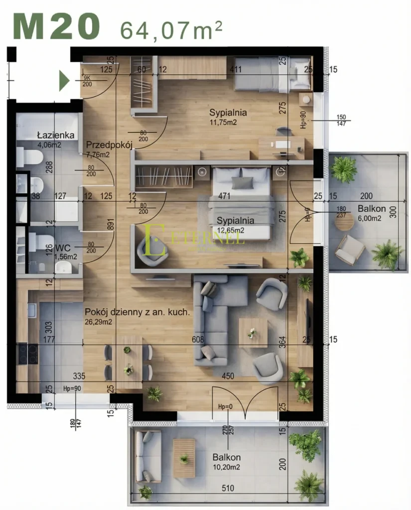 Przestronne mieszkanie 3-pokojowe z 2 balkonami 64,07m2 – ul. Śliwkowa