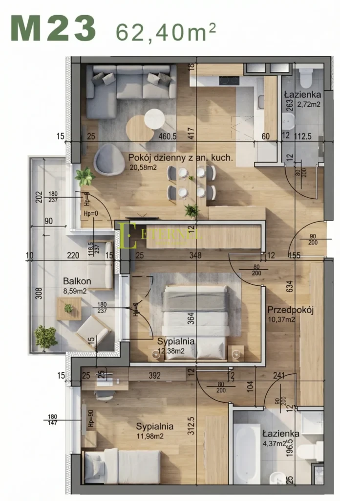 Przestronne mieszkanie 3-pokojowe z 2 łazienkami 62,40m2 – ul. Śliwkowa