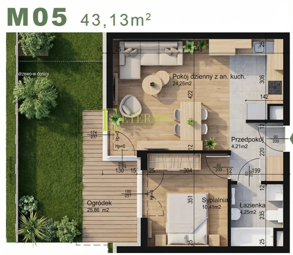 Funkcjonalne mieszkanie 2-pokojowe z ogródkiem 43,13m2 – ul. Śliwkowa