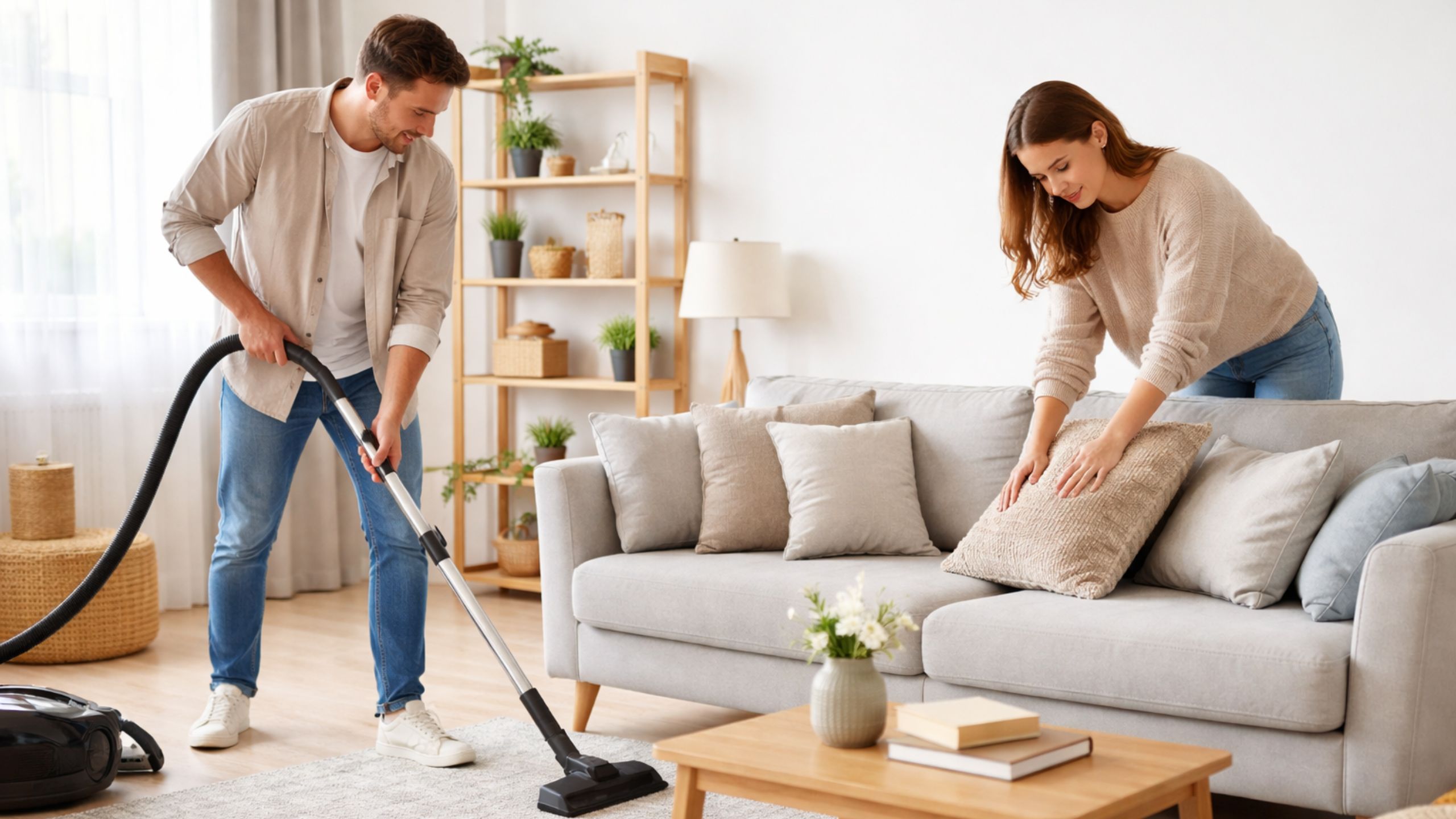 Praca w nowoczesnym mieszkaniu: odkurzanie i poprawianie poduszek na kanapie