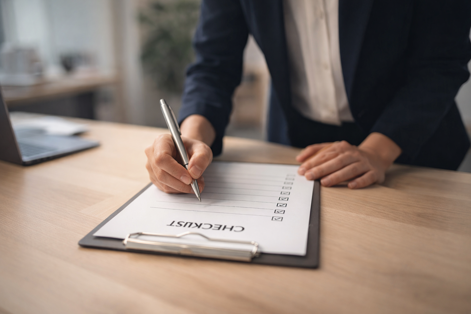 Obrazek przedstawiający osobę stojącą i piszącą checklistę